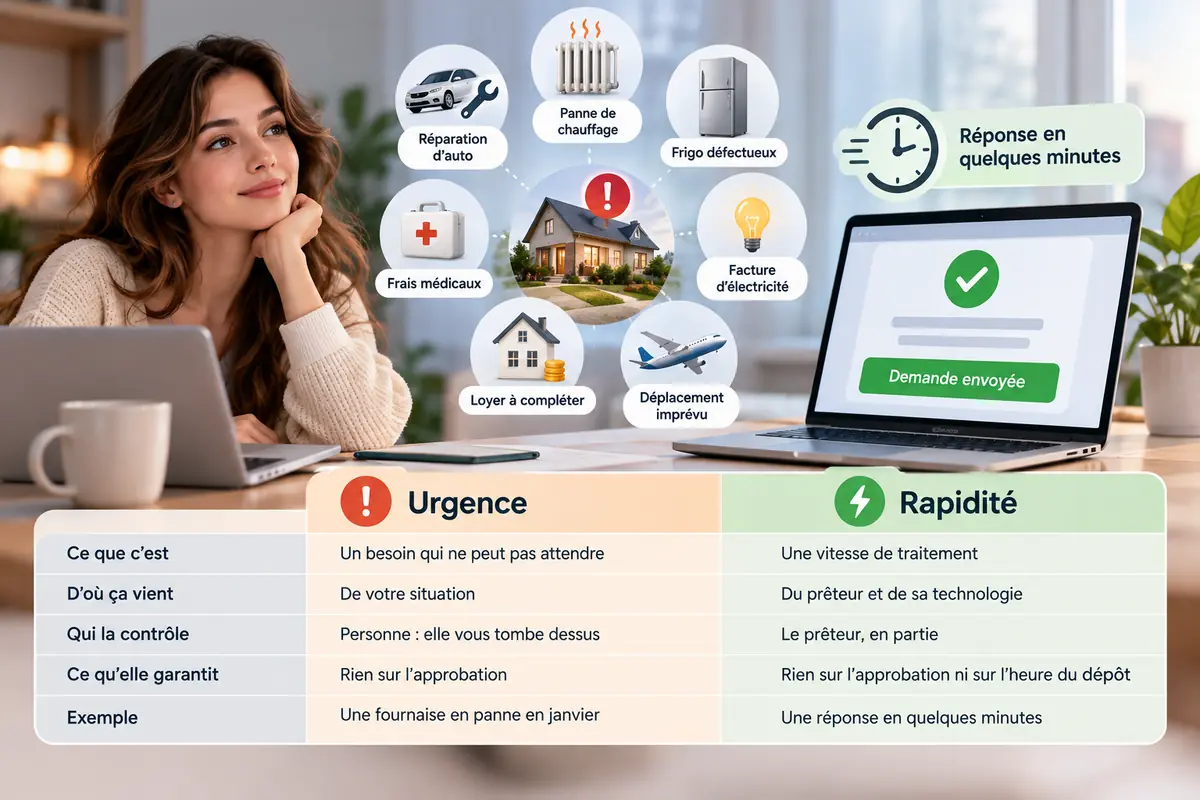 Tableau comparatif entre l’urgence et la rapidité d’un prêt, avec des exemples de dépenses imprévues
